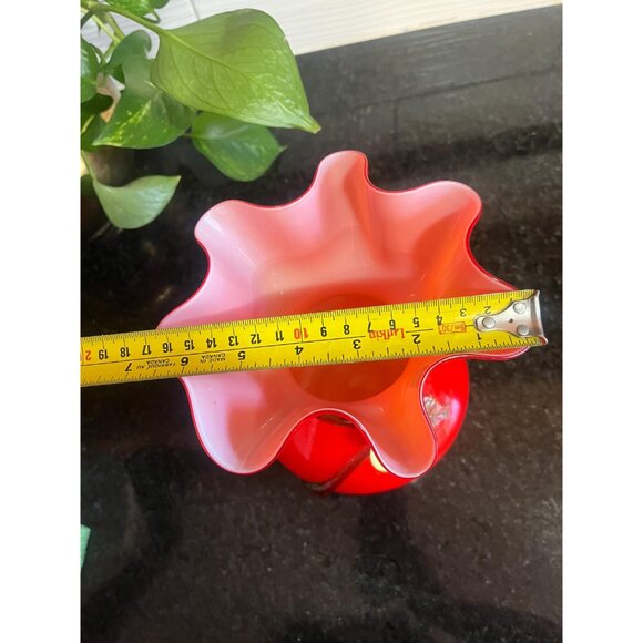 Beautiful Vintage Murano 9" Red Cased Art Glass Vase Applied Yellow Rose Flower - Picture 9 of 9